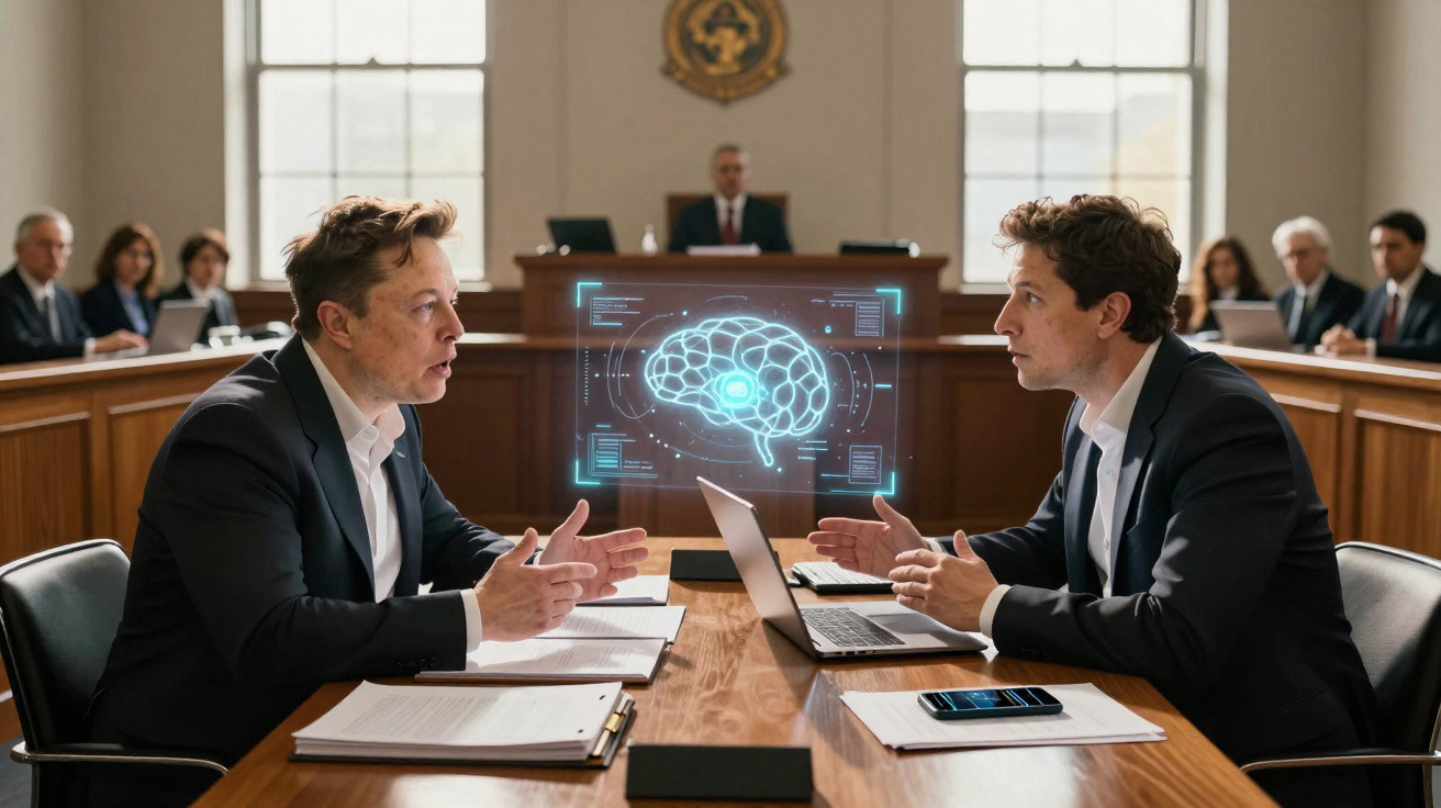 Duas homens em discussão num tribunal com um holograma de cérebro entre eles sobre uma mesa.