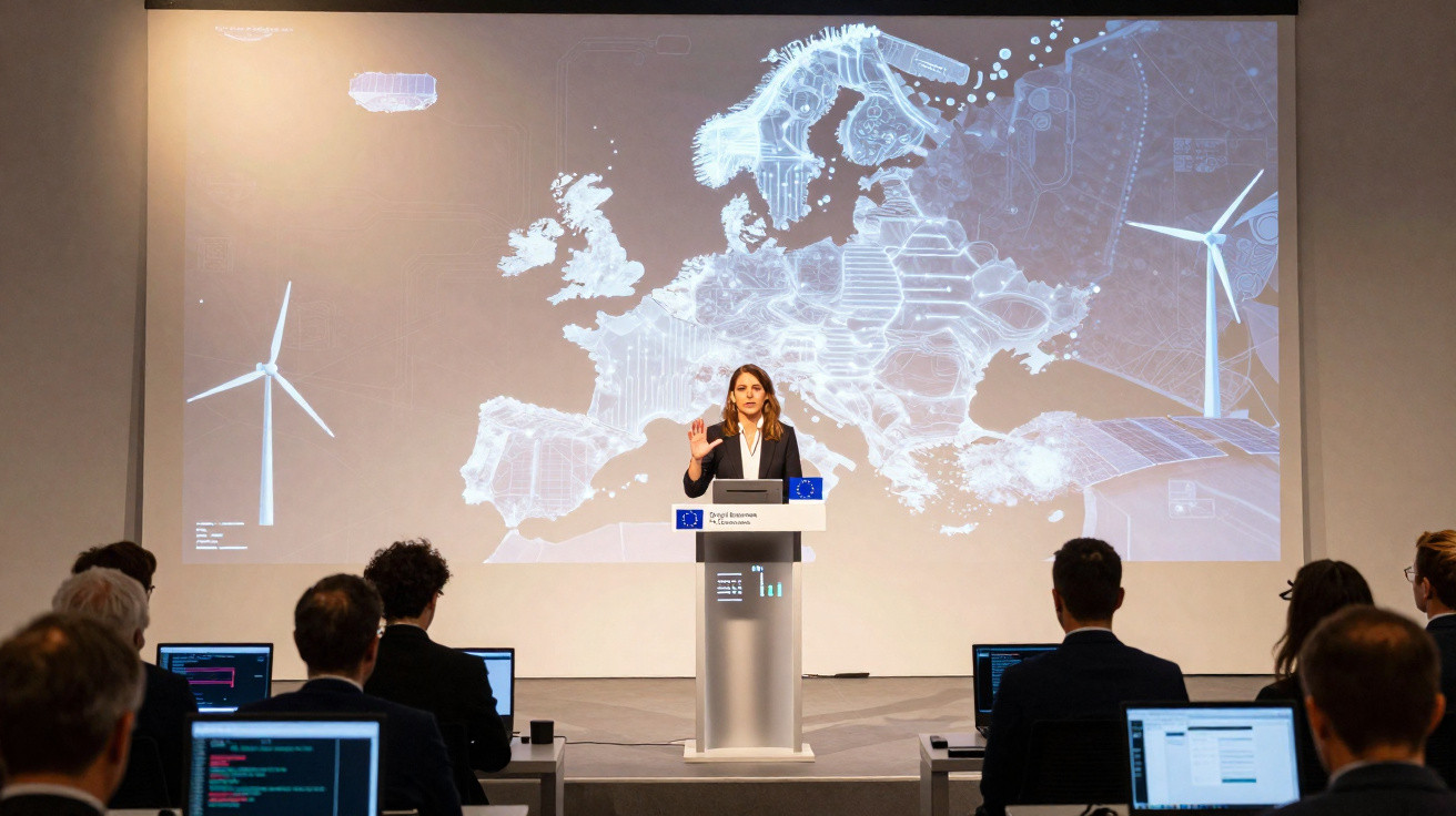 Mulher a falar num pódio com mapa digital da Europa e turbinas eólicas ao fundo, audiência em cadeiras.