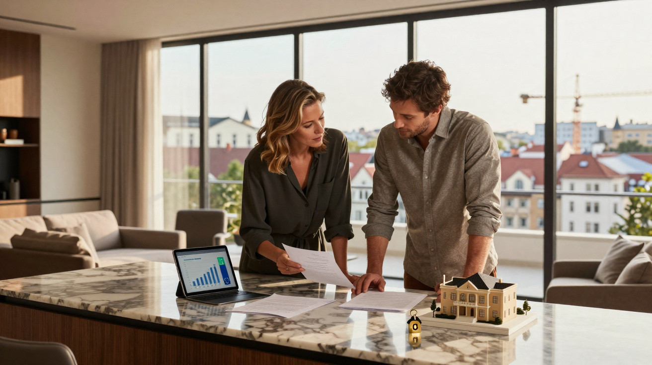 Casal jovem analisa documentos e gráficos numa cozinha moderna com vista para cidade e maquete de casa.