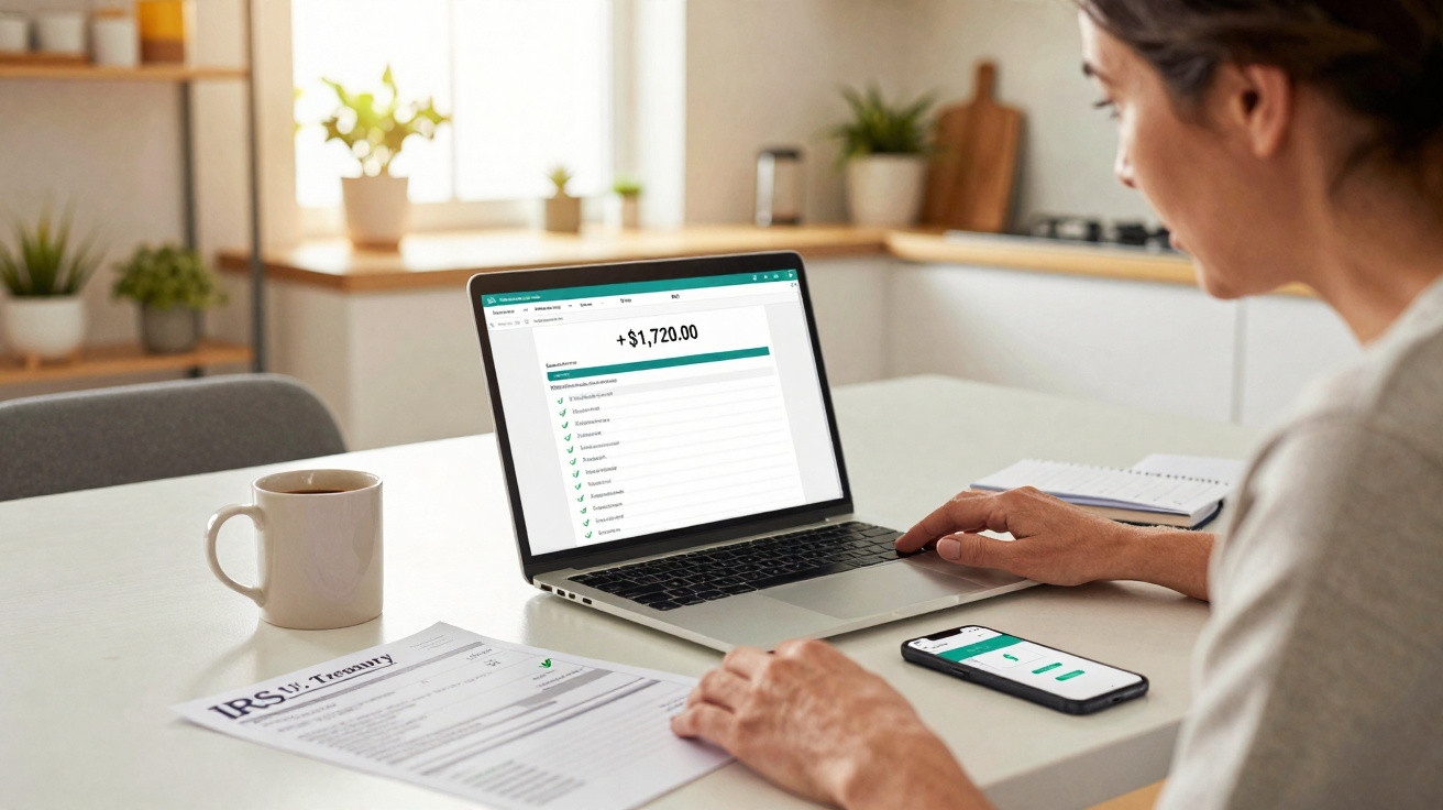 Mulher a analisar resultados financeiros num computador portátil numa mesa com documentos e telemóvel.