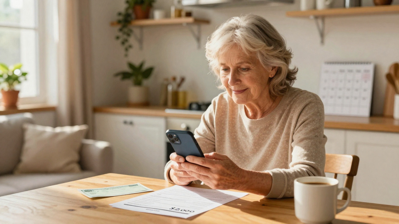 Mulher idosa a sorrir enquanto usa telemóvel sentada à mesa com documentos e chávena de café à frente.