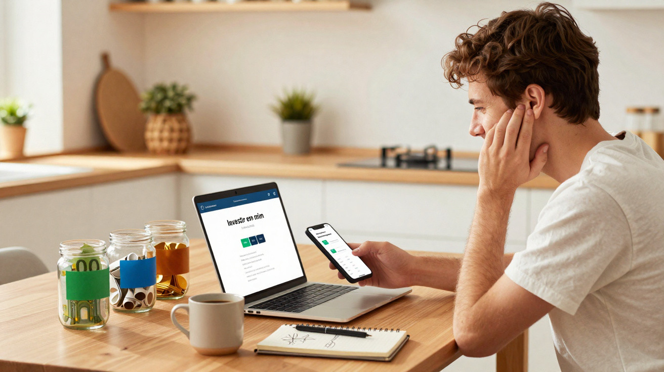 Homem jovem sentado numa cozinha a usar laptop e smartphone para gerir finanças pessoais.