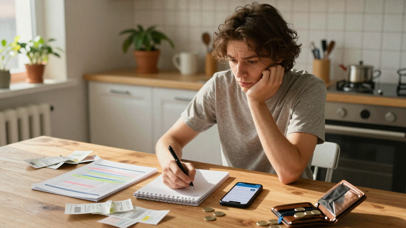 Jovem preocupado a fazer contas e anotar num caderno, com documentos, moedas e telemóvel na mesa.