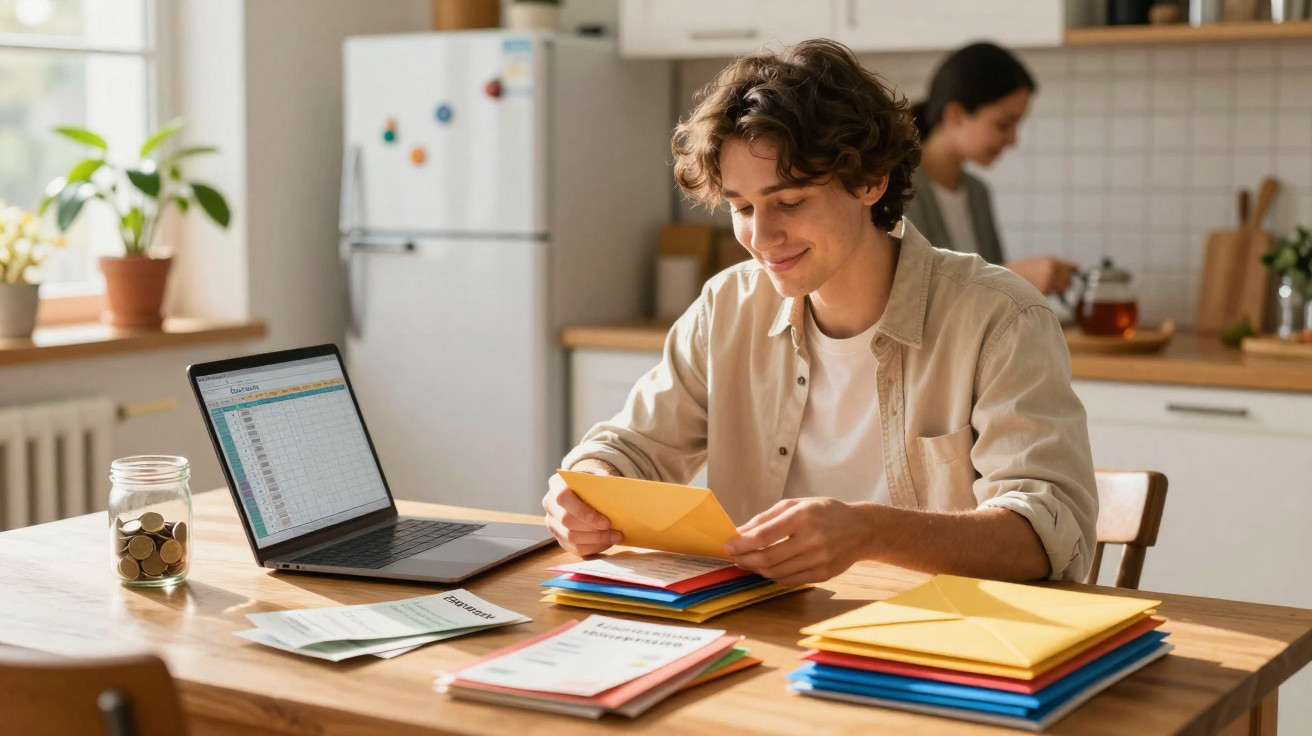 Jovem sentado à mesa a organizar cartas coloridas, com computador portátil e jarro de moedas ao lado.