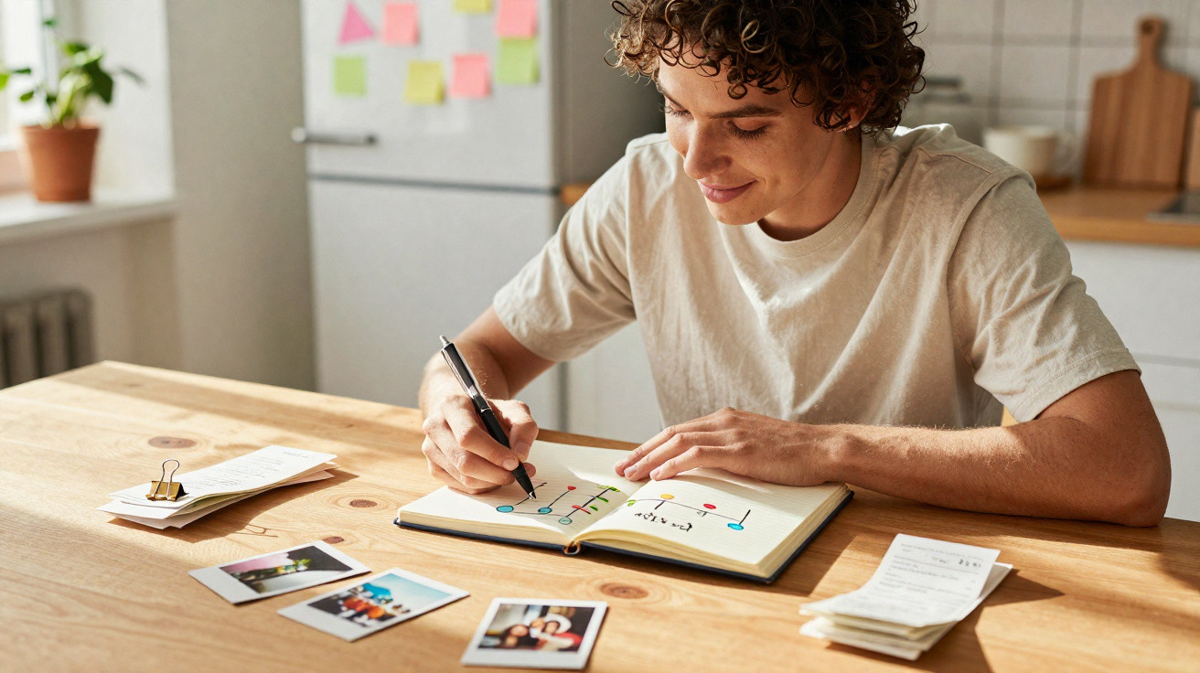 Jovem sentado a desenhar gráficos coloridos num caderno, numa mesa com fotografias e papéis.