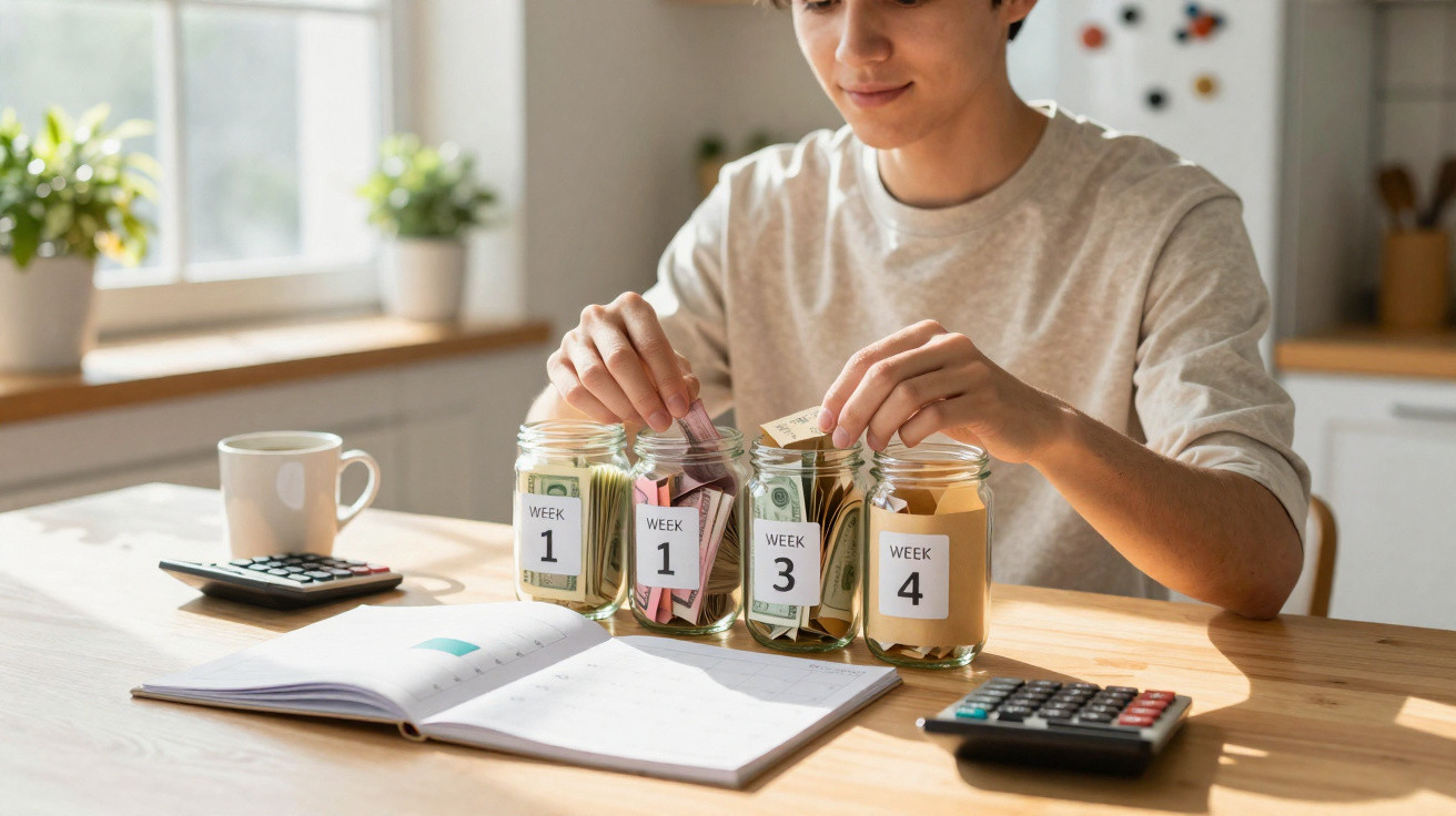 Pessoa a organizar dinheiro em frascos etiquetados por semanas numa mesa com calculadora e caderno aberto.