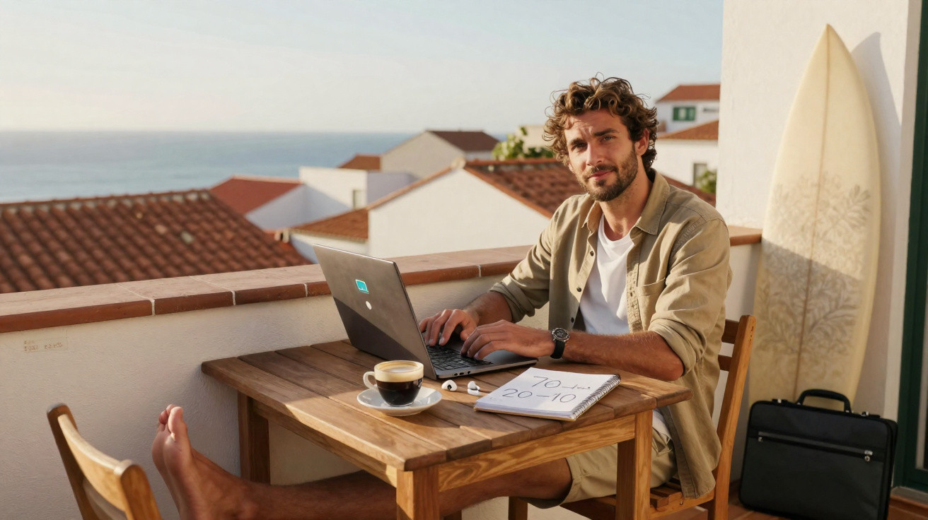 Homem sentado numa varanda com laptop, café e prancha de surf, com vista para telhados e mar ao fundo.