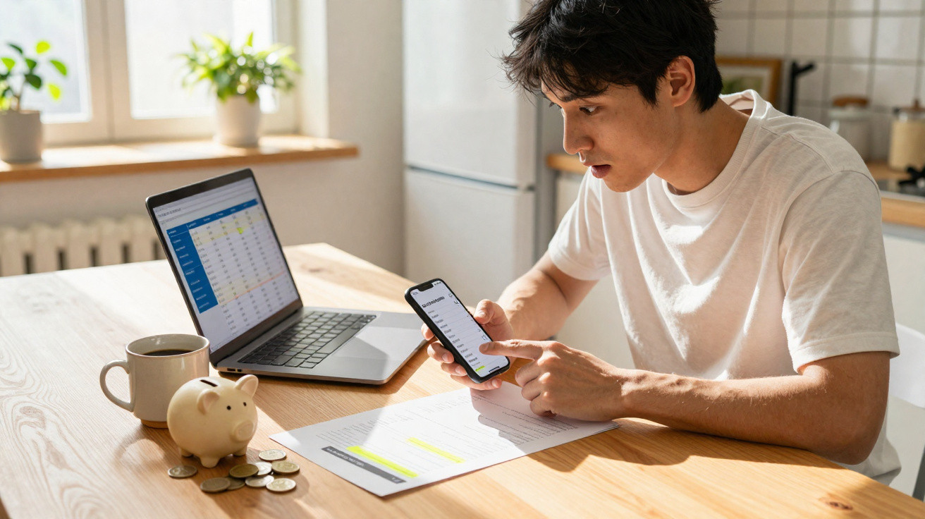 Jovem a analisar finanças em casa com telemóvel, portátil, documentos, moedas e mealheiro à sua frente.