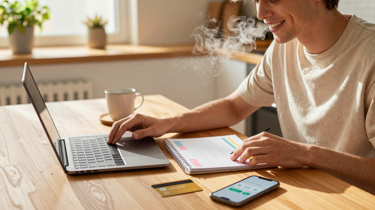 Pessoa sorridente a usar laptop e a fazer anotações numa agenda, com telemóvel e cartão de crédito na mesa.