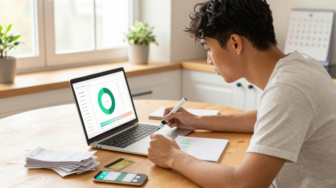Jovem sentado a trabalhar em laptop com gráficos, escrevendo em caderno numa mesa com smartphone e documentos.