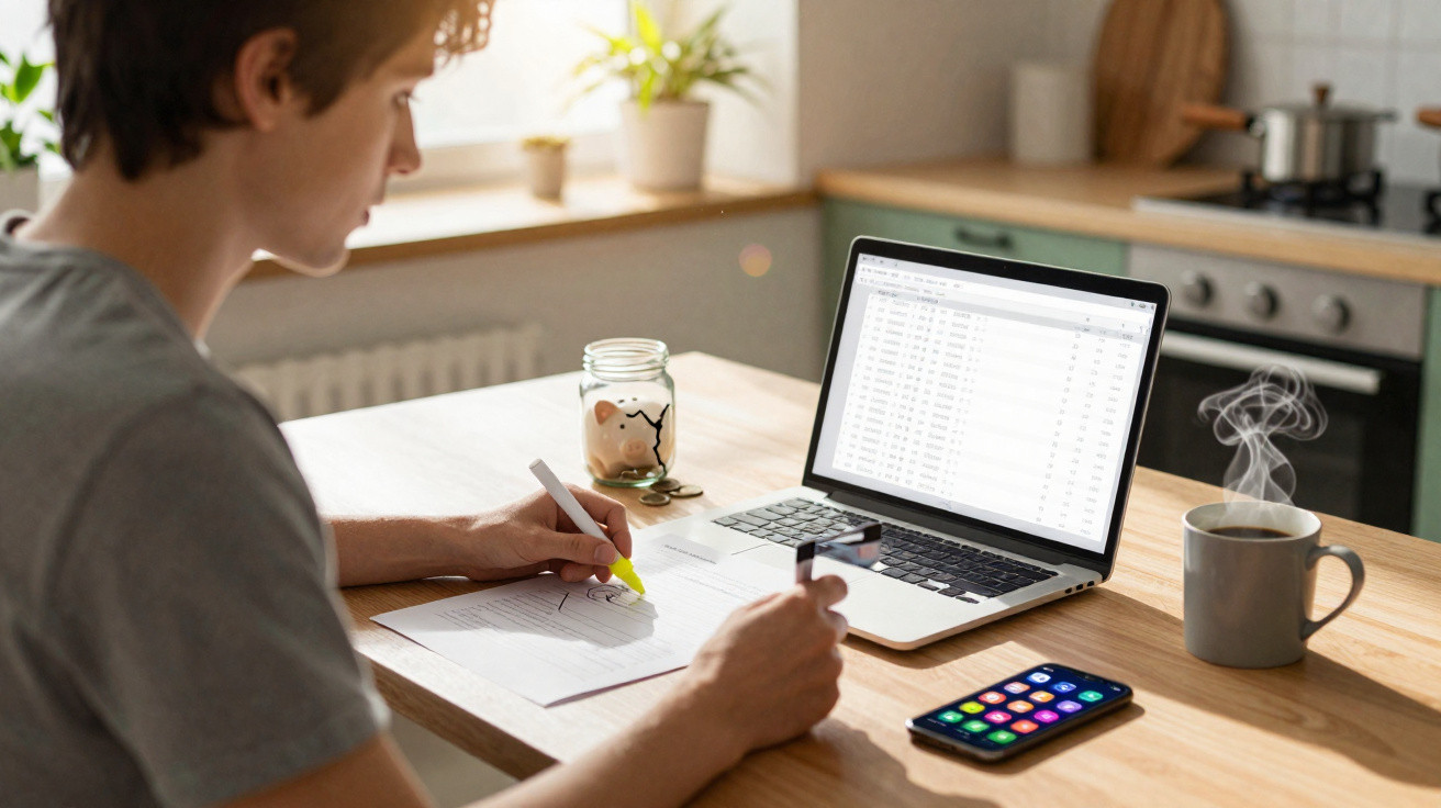 Pessoa a trabalhar com documentos e computador portátil numa cozinha, com café e telemóvel na mesa.