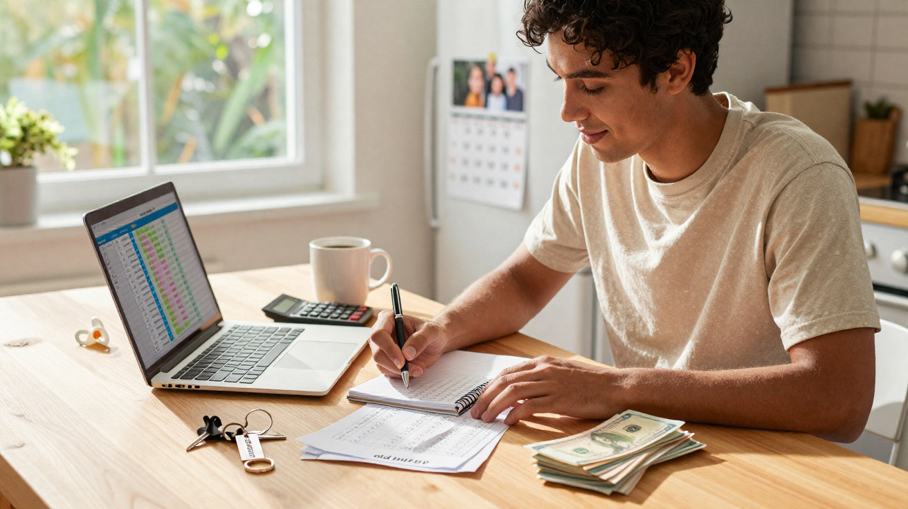 Jovem a fazer contas e anotações numa mesa com computador, pilha de dinheiro e calculadora.