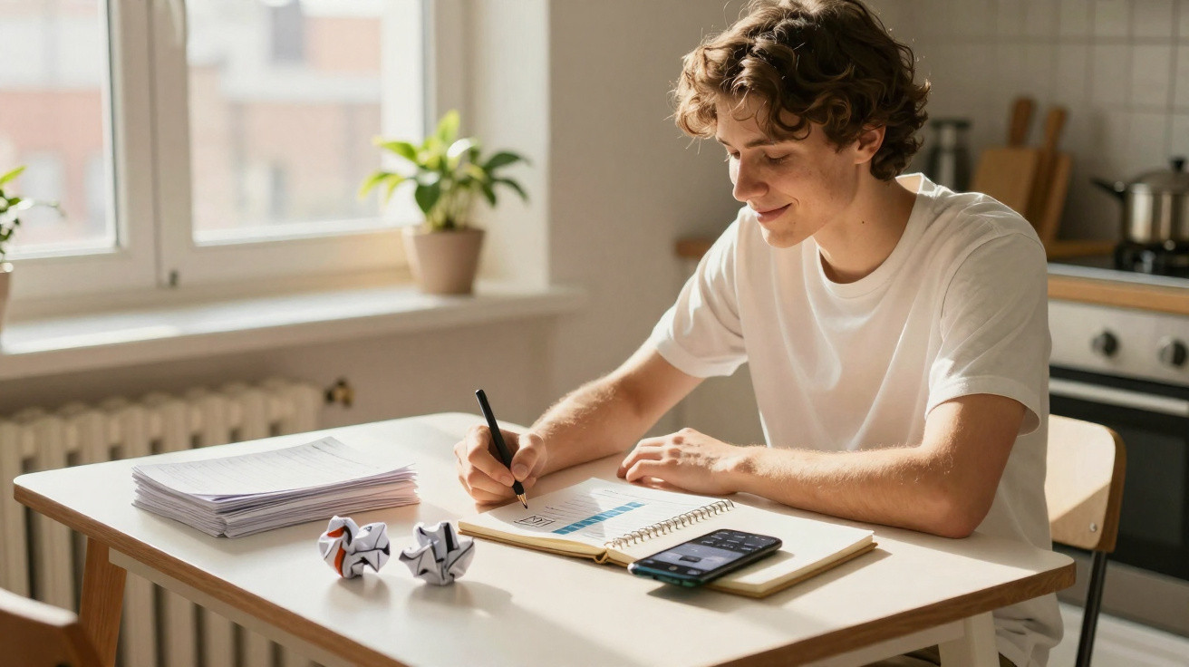 Jovem a estudar numa mesa com caderno, smartphone, pilha de papéis e bolas de papel amassadas.