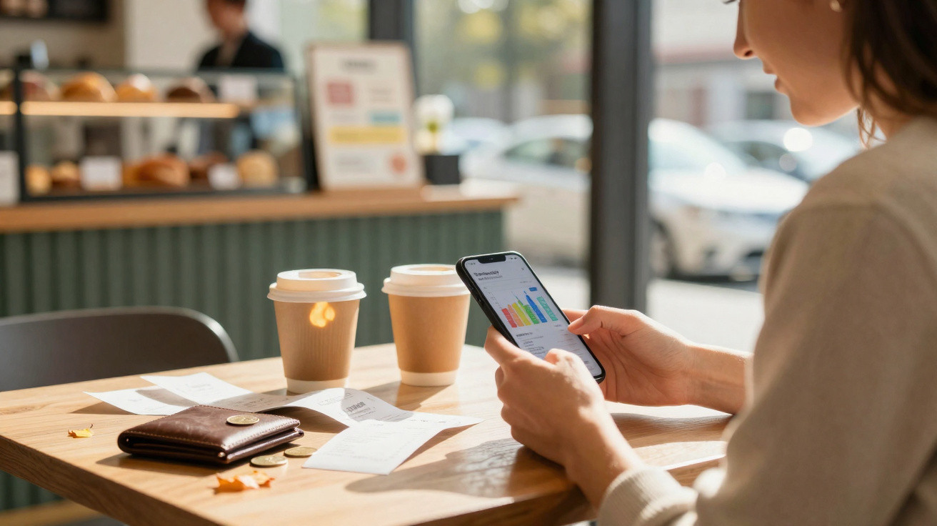 Pessoa a analisar gráficos no telemóvel sentada num café com duas caixas de café para levar e recibos na mesa.