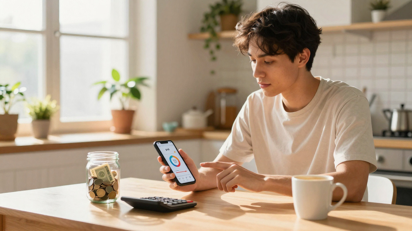 Jovem sentado à mesa a gerir finanças no telemóvel, com mealheiro, calculadora e chávena.