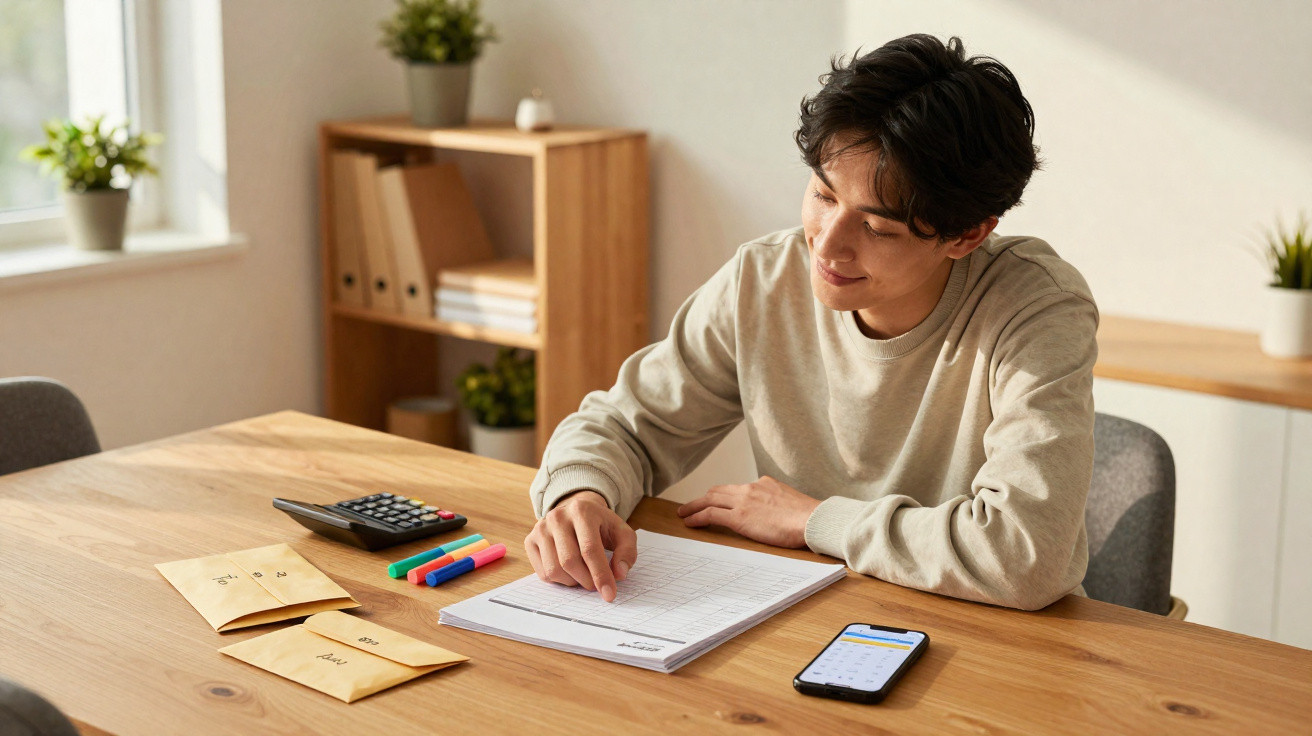 Jovem a fazer contas numa mesa com caderno, calculadora, lápis de cor e smartphone numa sala iluminada.