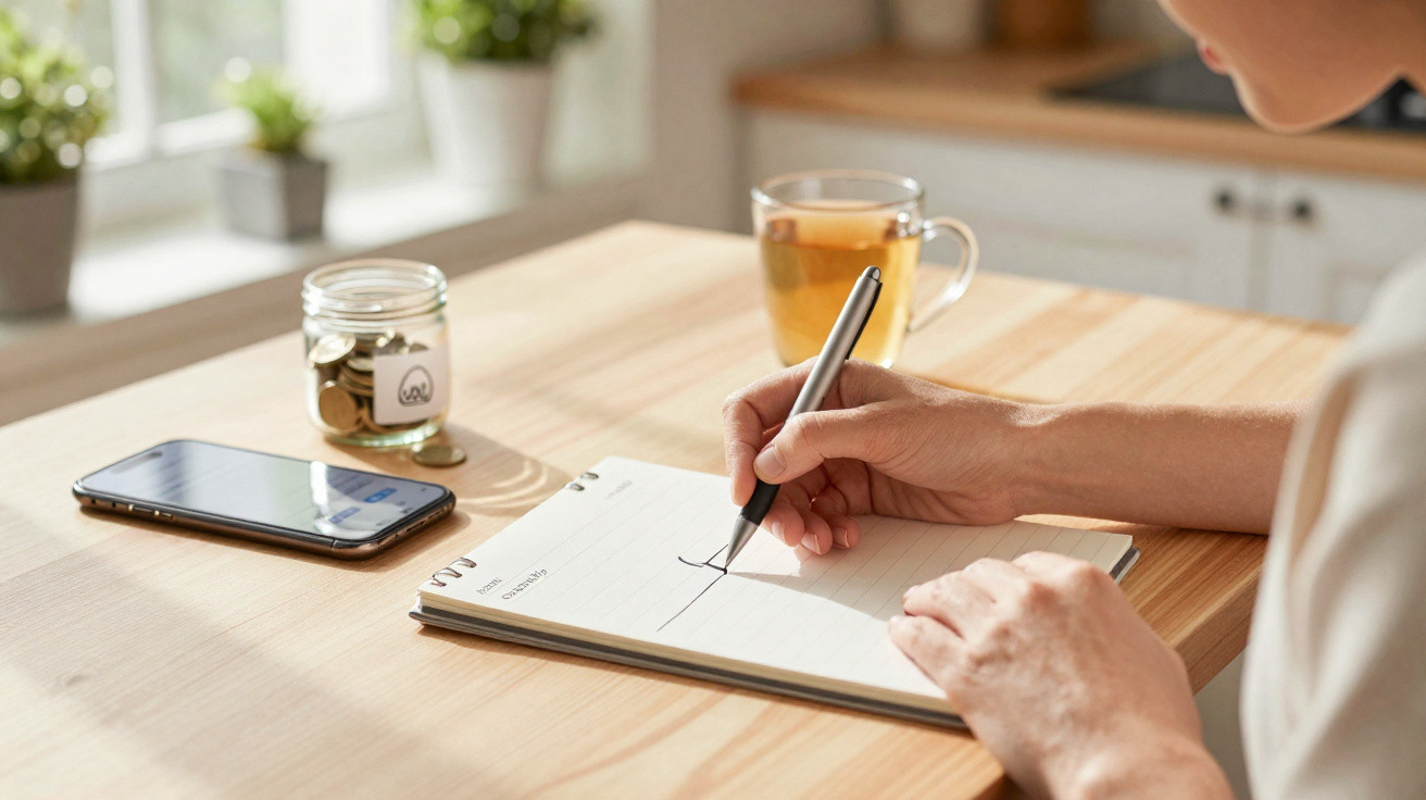 Pessoa a fazer anotações numa agenda sobre a mesa com telemóvel, moeda num frasco e chá ao fundo.