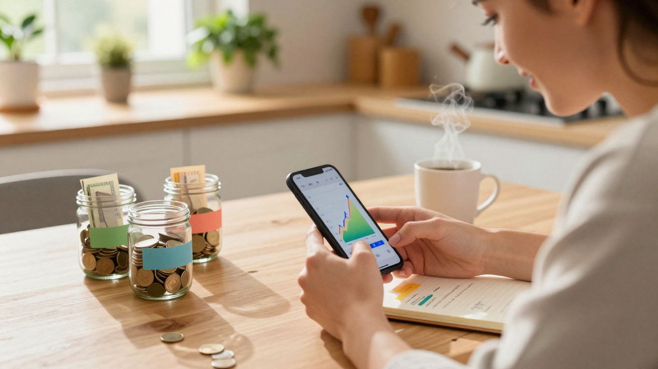 Pessoa a analisar gráficos financeiros num smartphone, com frascos de moedas e caderno numa mesa.