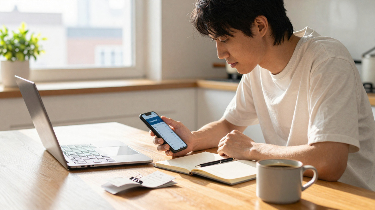 Jovem sentado à mesa com portátil, a usar telemóvel e a fazer anotações num caderno, com chá quente à frente.