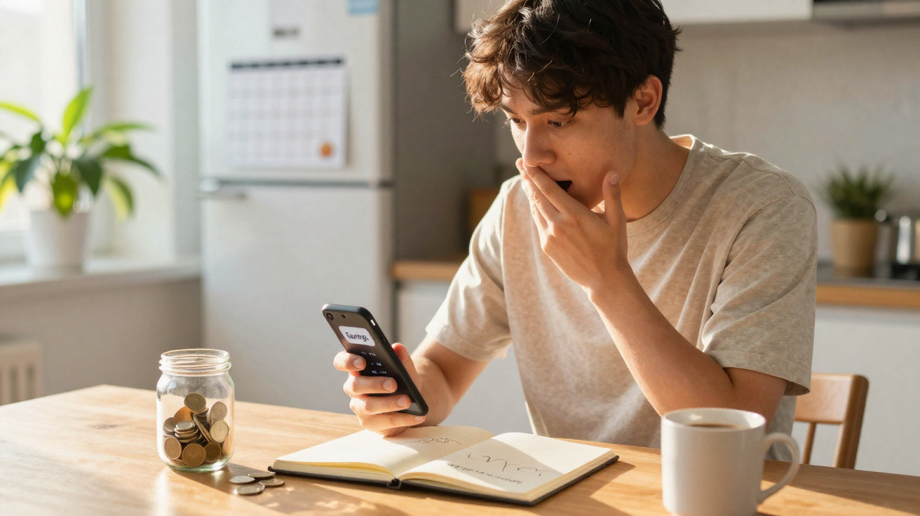 Jovem surpreendido ao ver o telemóvel sentado à mesa com caderno, moedas num frasco e chávena.