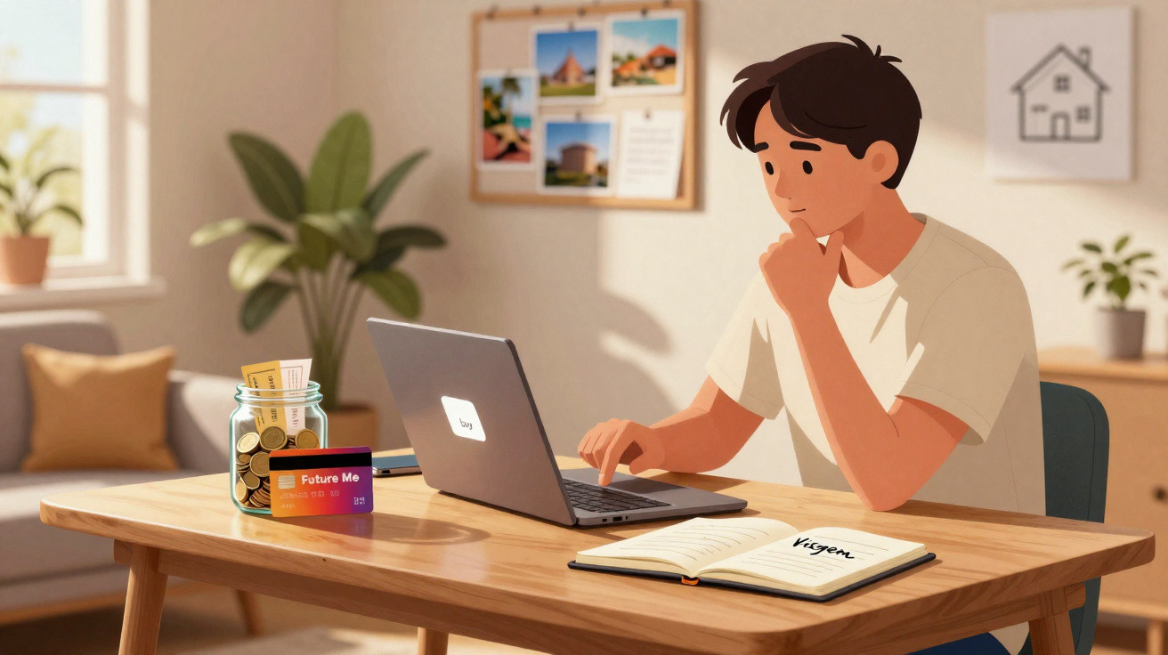 Jovem sentado a trabalhar num computador portátil com caderneta aberta e jarro com moedas à sua frente.