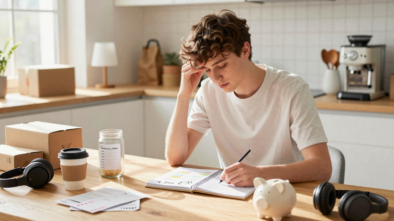 Jovem sentado à mesa a analisar despesas e a fazer anotações, rodeado de objetos de trabalho e finanças.