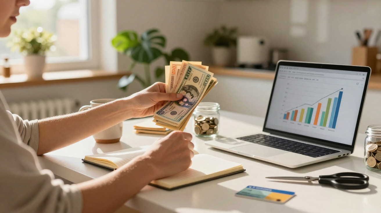 Pessoa a contar notas de dólar com computador e gráfico de crescimento numa mesa iluminada.