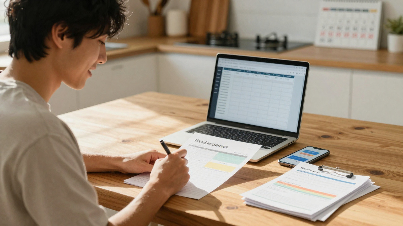 Pessoa a trabalhar num orçamento mensal com computador portátil e smartphone numa mesa de madeira.