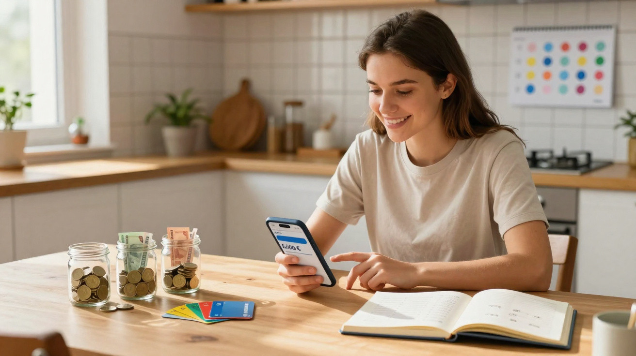 Jovem a sorrir enquanto usa telemóvel para gerir finanças com notas, moedas e cartões numa cozinha.