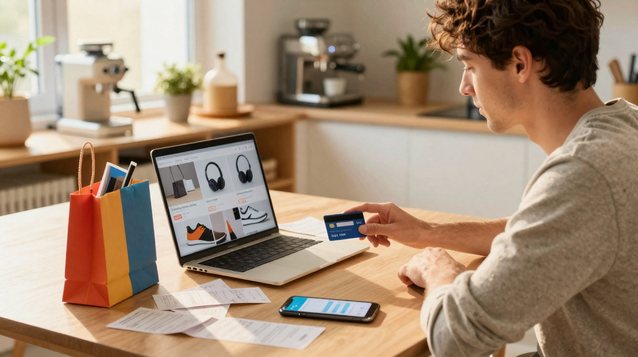 Homem a fazer compras online com cartão num computador portátil numa cozinha moderna.