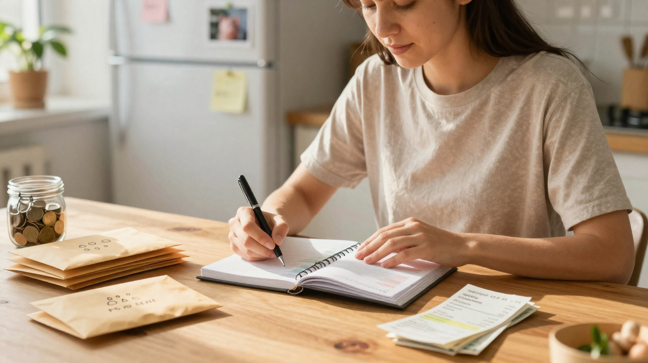 Mulher sentada à mesa a organizar finanças com envelopes, caderno e jarro de moedas.