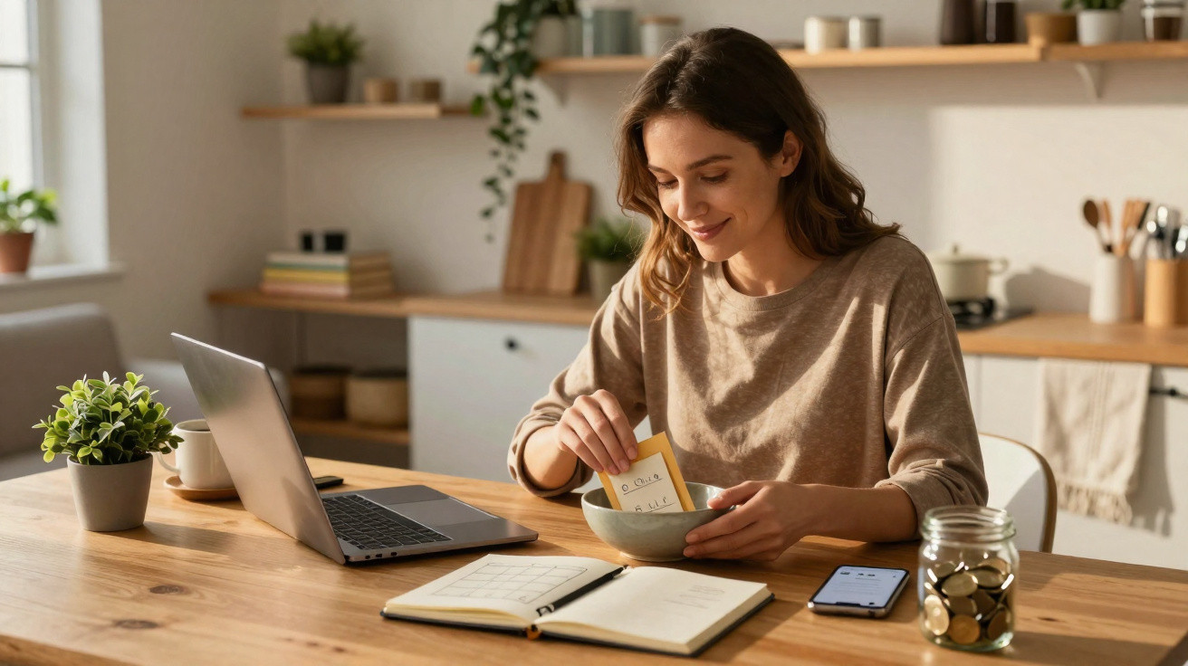 Mulher sentada a anotar planos numa cozinha, com computador, caderno, jarro de moedas e telemóvel à frente.