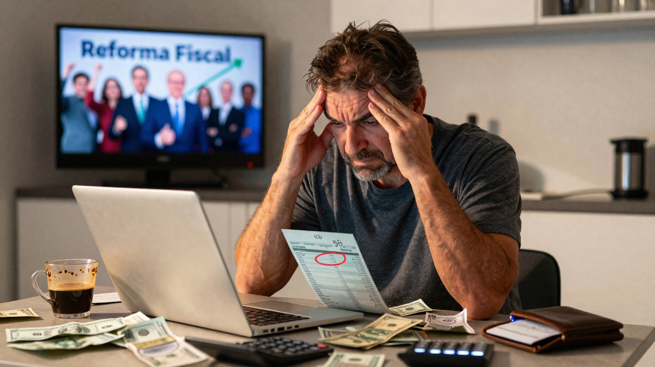 Homem preocupado a olhar para uma fatura sentado à mesa com laptop, dinheiro e um ecrã ao fundo com texto "Reforma Fiscal".