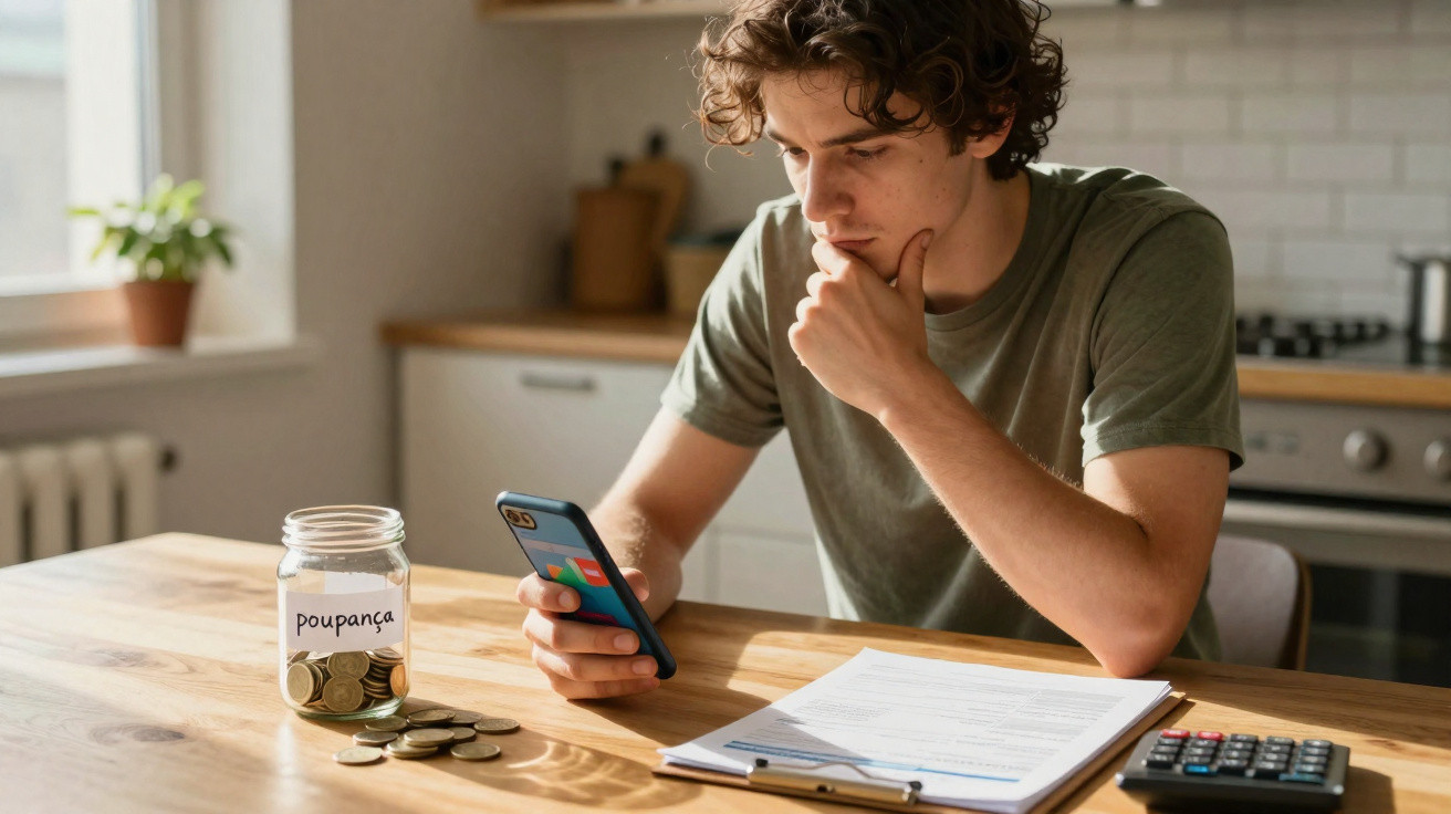 Jovem a analisar finanças com telemóvel, jarro de moedas rotulado "poupança" e documentos numa mesa.