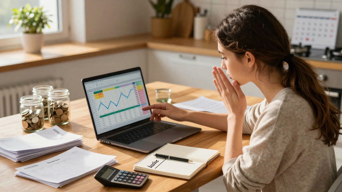 Mulher a analisar gráficos financeiros num computador portátil junto a moedas e calculadora numa cozinha.