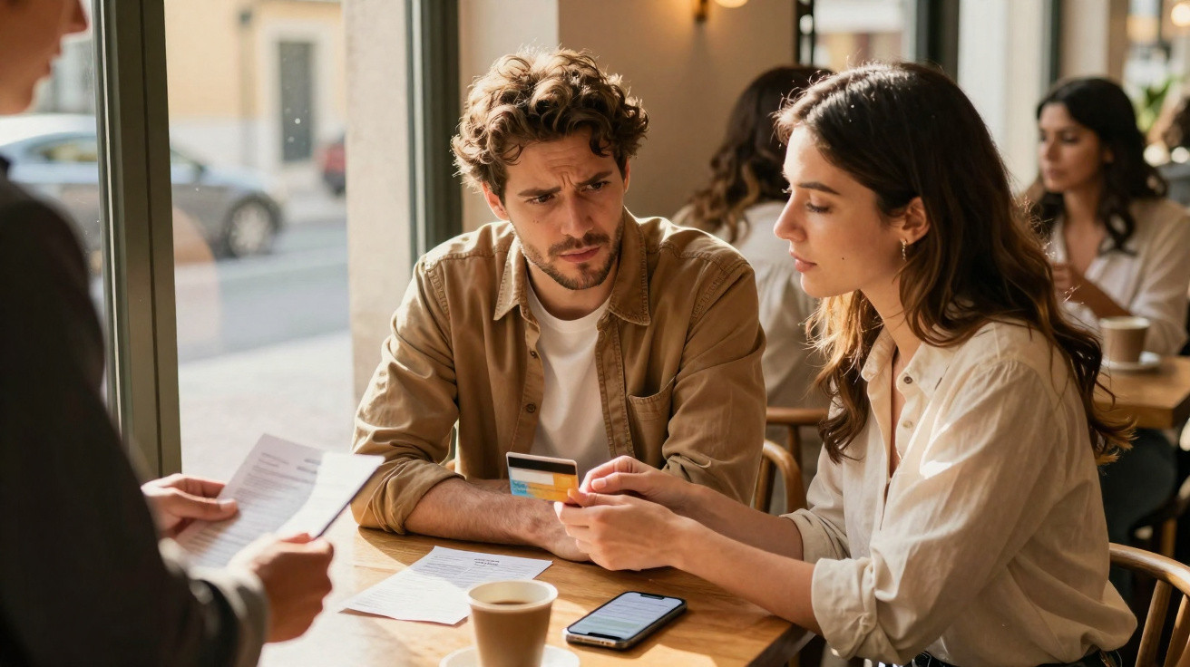 Casal numa mesa de café discute pagamento com cartão e funcionário apresenta conta.