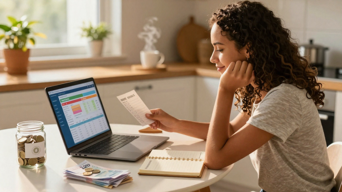 Mulher a analisar fatura e finanças no portátil, com notas, moedas e caderno numa mesa branca.