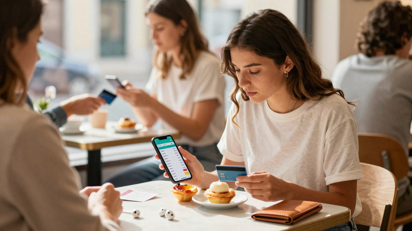 Jovem mulher sentada em café a pagar com cartão usando aplicação móvel num smartphone.