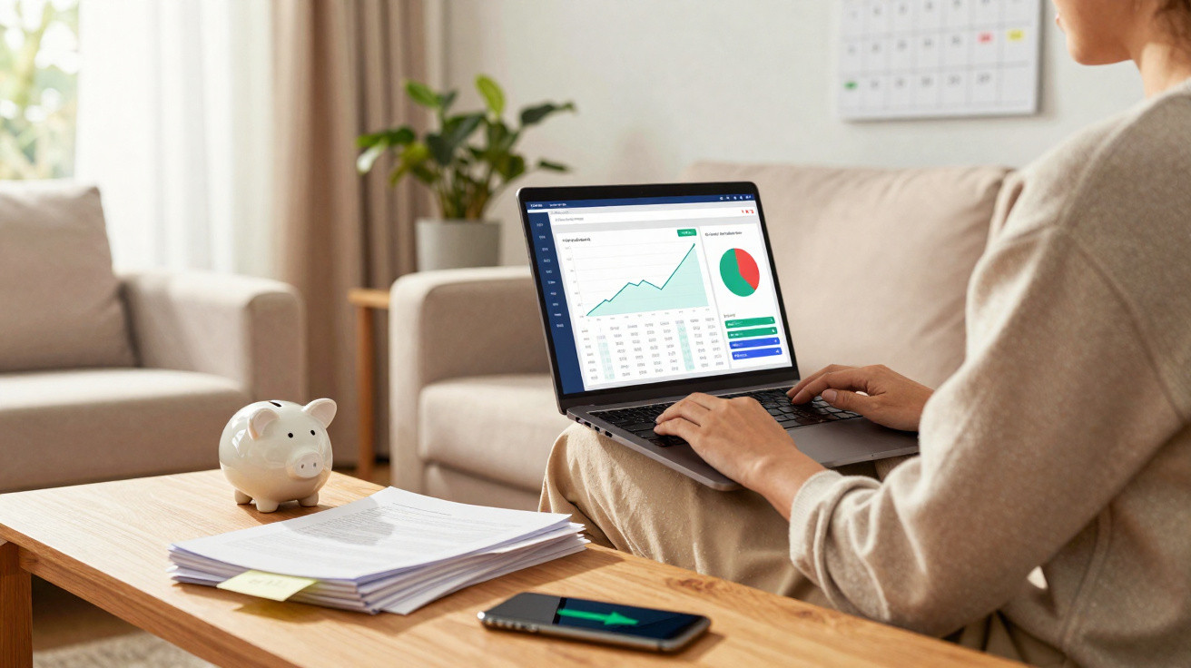 Pessoa a trabalhar num portátil com gráficos financeiros, ao lado de cofrinho, papelada e telemóvel numa sala.