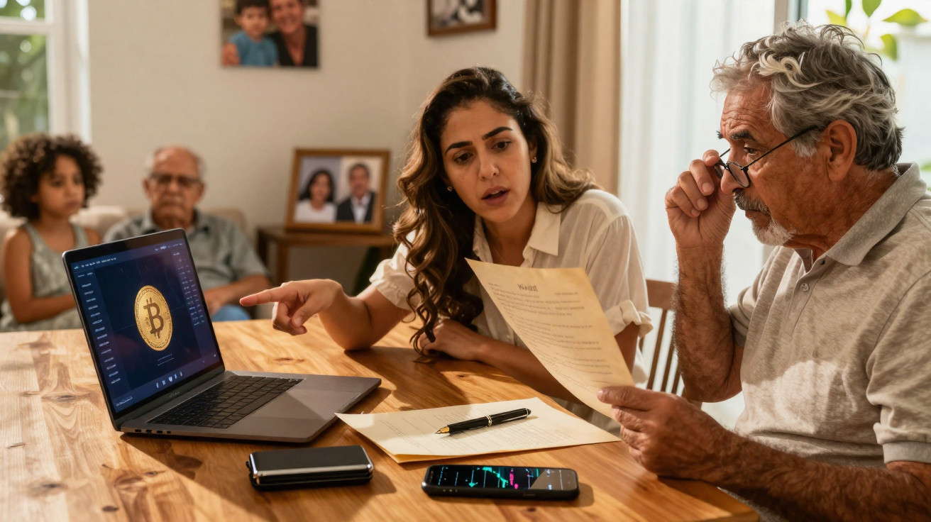 Mulher explica investimentos em Bitcoin a idoso sentado à mesa com familiares ao fundo numa casa.