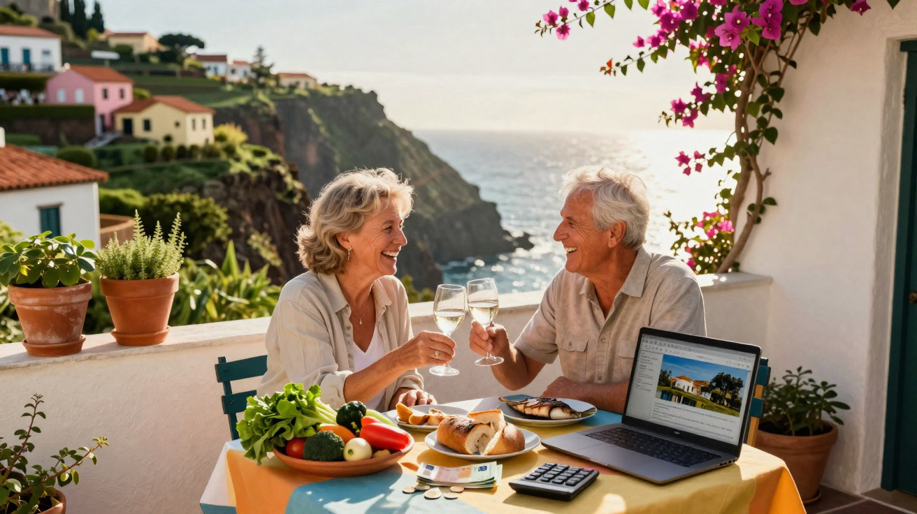 Casal sénior brinda com vinho branco numa varanda com vista para o mar e laptop aberto.