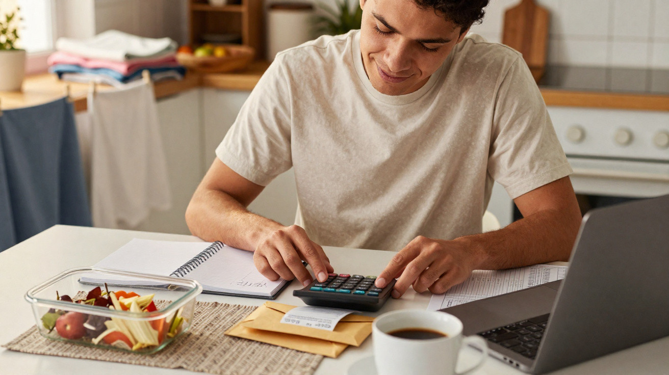 Jovem a usar calculadora e a calcular despesas em casa com laptop, cadernos, café e comida na mesa.