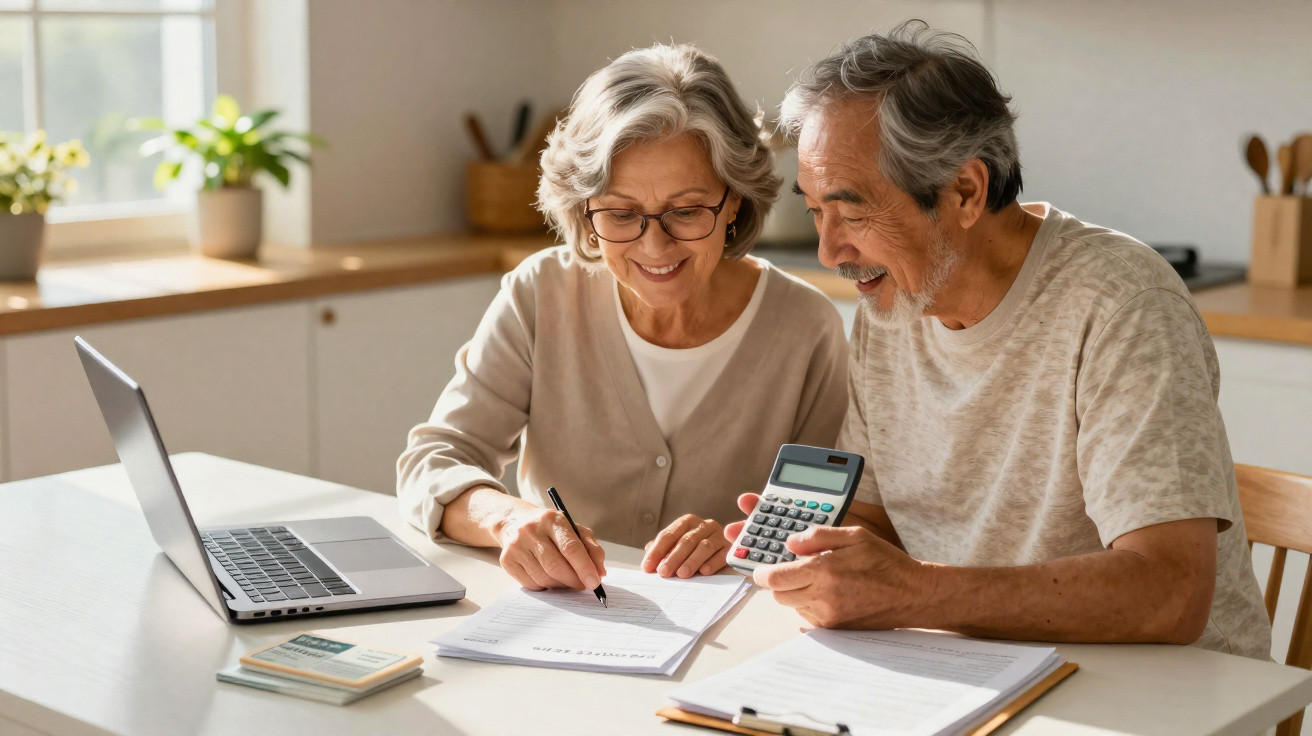 Casal sénior a organizar contas e a calcular despesas com calculadora e laptop numa cozinha luminosa.