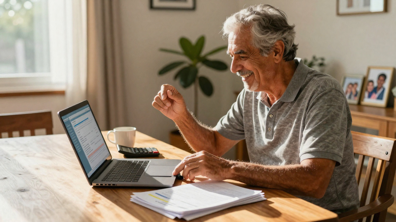 Homem idoso sentado à mesa com computador, documentos e calculadora, sorrindo satisfeito.