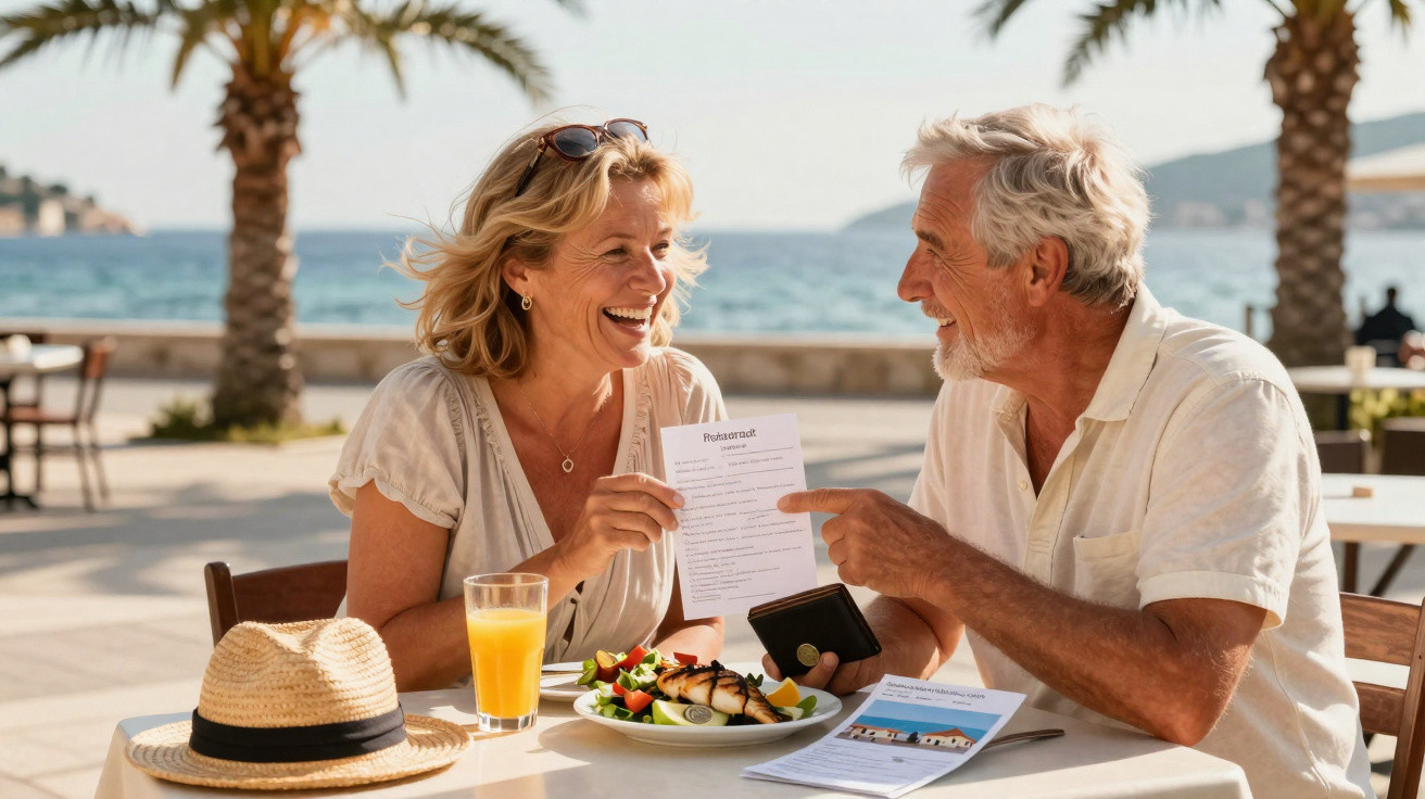Casal sénior feliz a escolher menu num restaurante ao ar livre com vista para o mar e palmeiras.