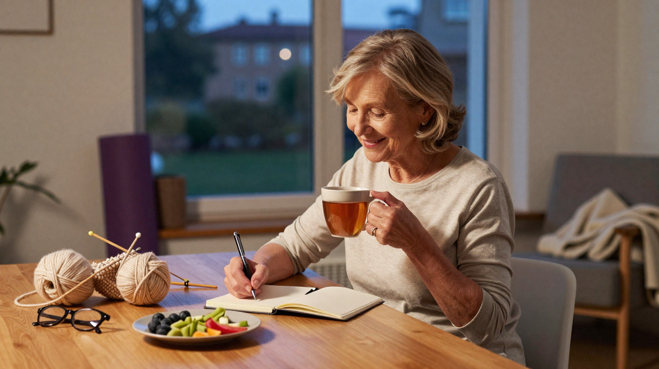 Mulher sorridente a escrever num caderno enquanto bebe chá, com novelos de lã e fruta ao lado na mesa.