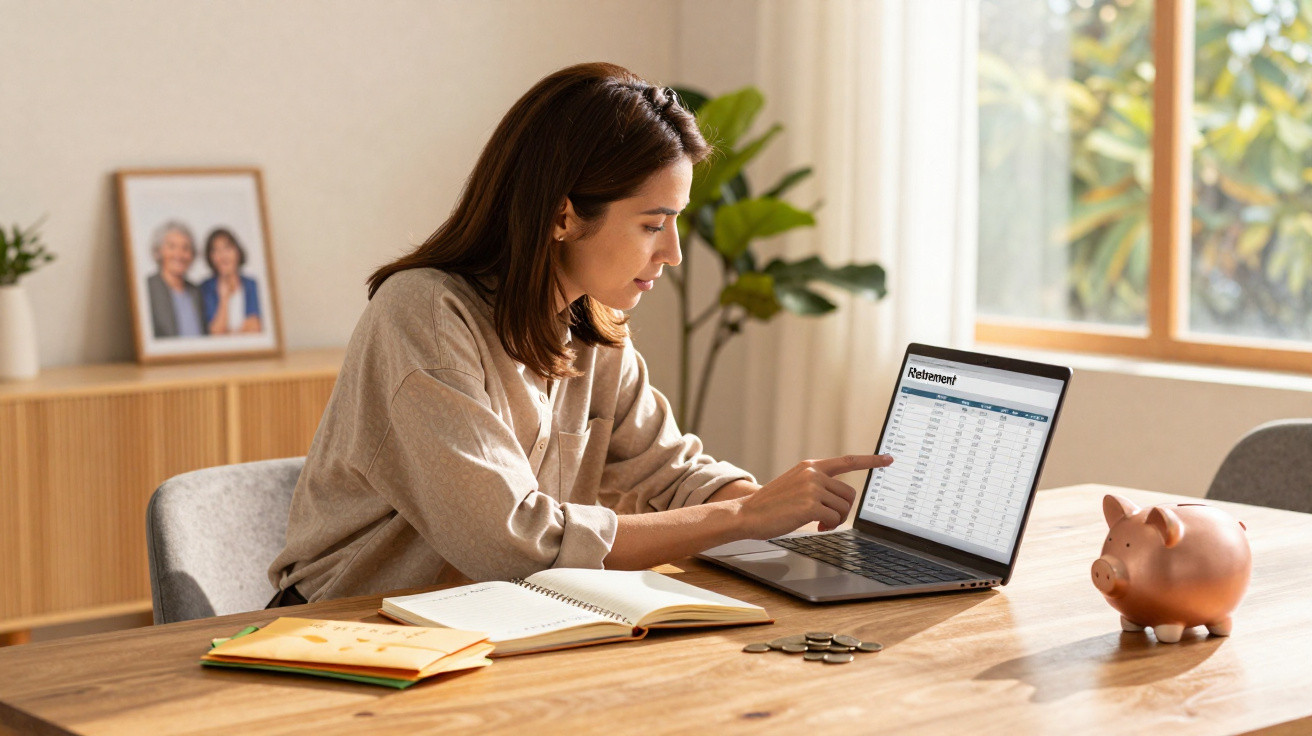Mulher a analisar dados financeiros num computador portátil, com cadernos abertos e mealheiro numa mesa.