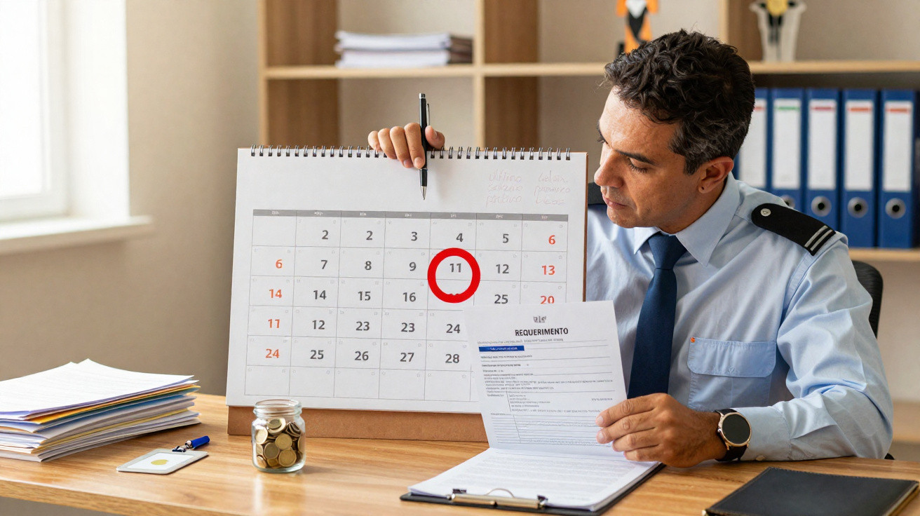 Homem fardado mostra calendário com data 11 assinalada em vermelho e documento em escritório.