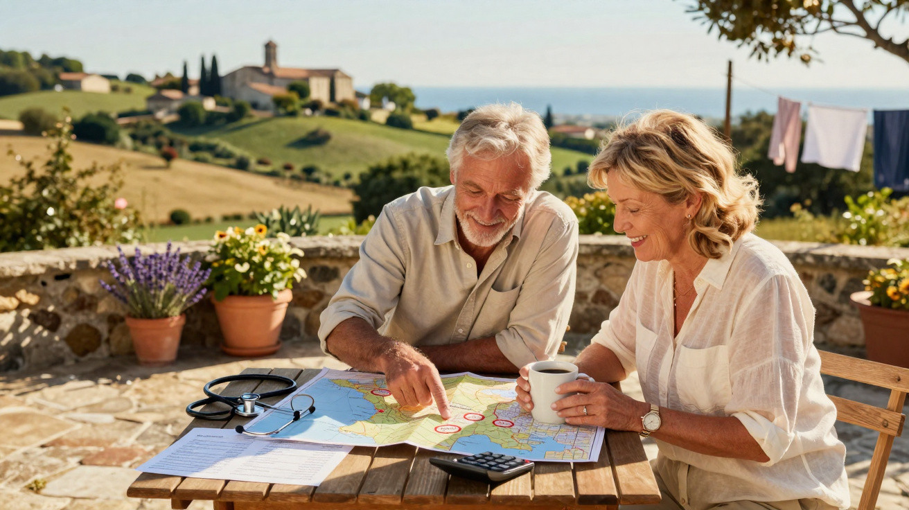 Casal sénior a planear viagem com mapa ao ar livre numa esplanada com paisagem campestre ao fundo.