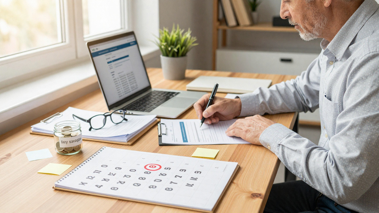 Homem sentado a preencher formulário num escritório com calendário e computador portátil à frente.